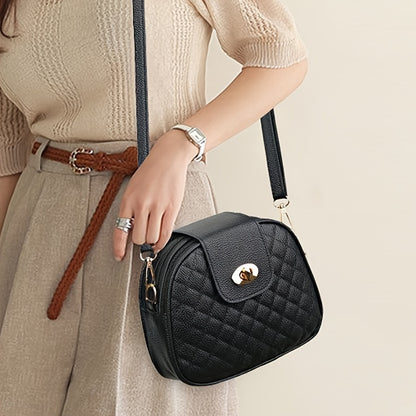 Women's black quilted crossbody bag with adjustable strap, zipper closure, tassel embellishment, and polyester lining.