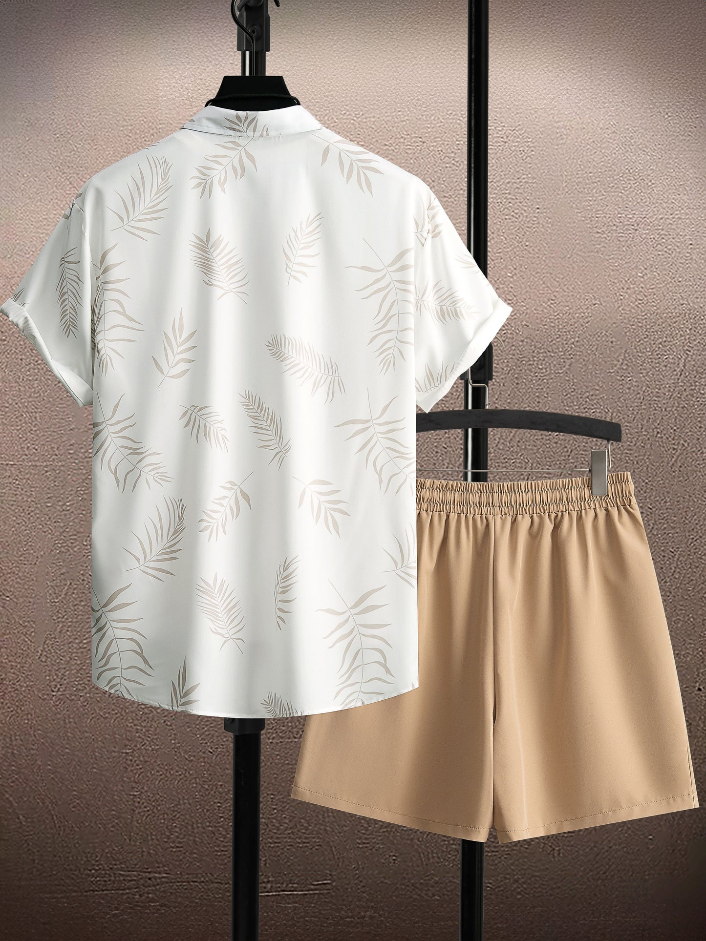 Men's leaf print button up shirt and drawstring shorts - casual summer outfit