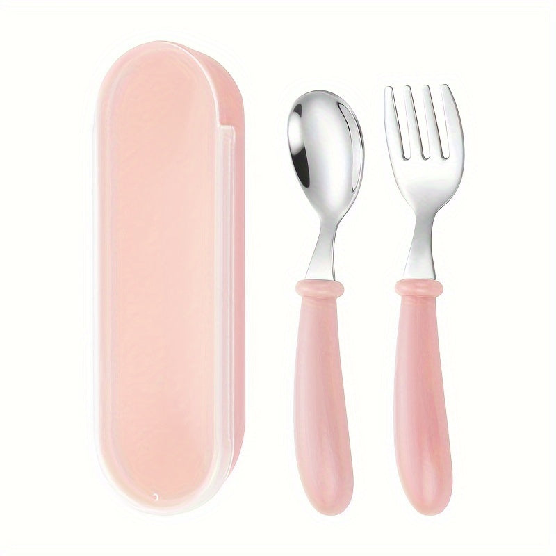 Set of 3 stainless steel youngsters' utensils with colorful handles, dishwasher safe. Includes fork and spoon in blue geometric pattern in pink and green cases.