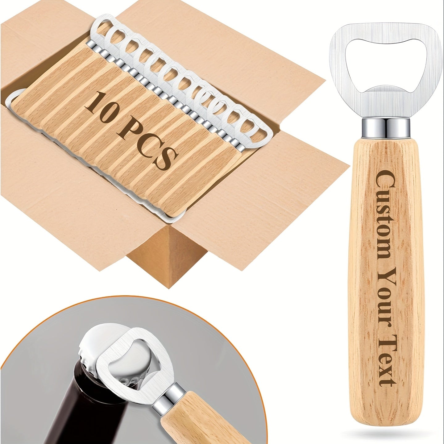 Custom engraved wood handle bottle openers ideal for various occasions, no power needed, perfect for gifting and promotion at events. Great for Christmas and Oktoberfest.