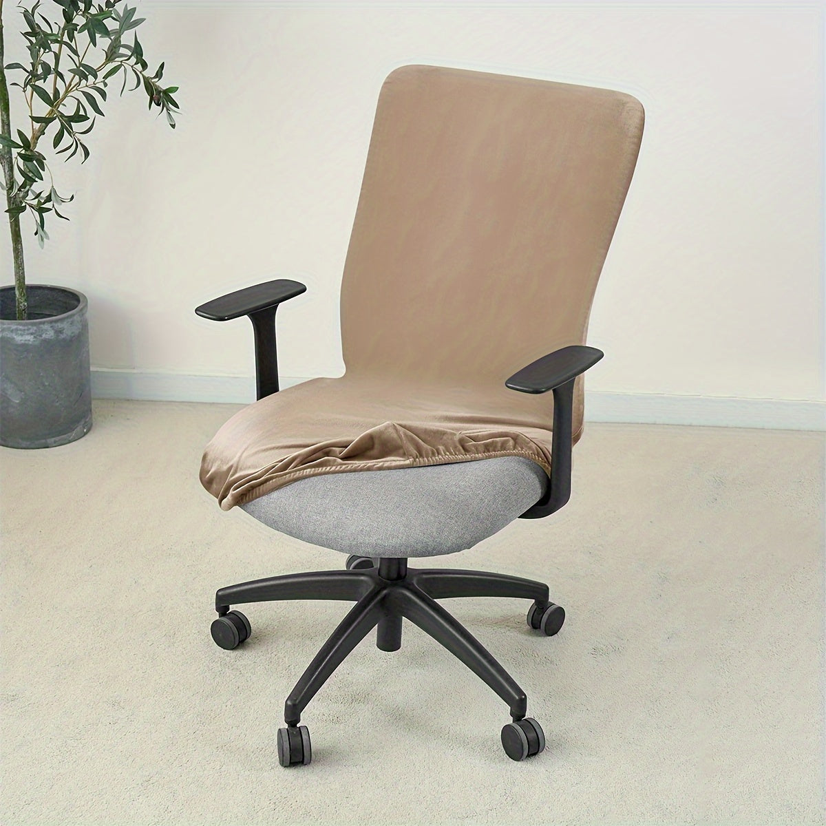 Soft velvet office chair cover with elastic stretch and slip-resistant grip, suitable for home, hotel, and office use. Made of a polyester and spandex blend, machine washable.