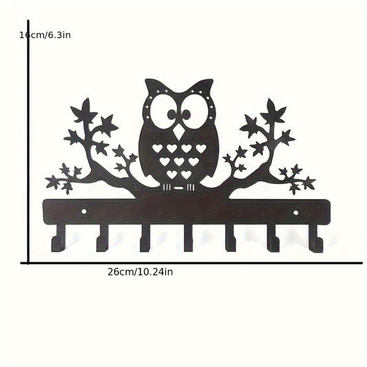 Iron Owl Coat Hook with Seven Hooks, Wall-Mounted for Entryway Storage