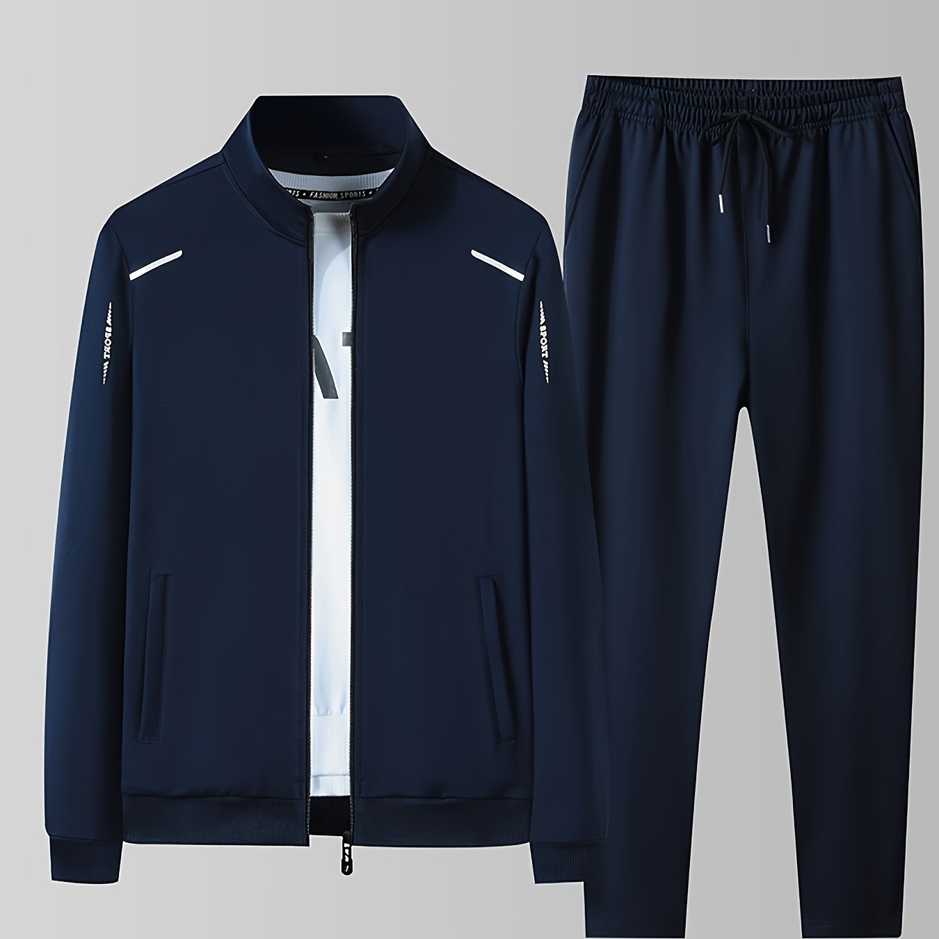 Polyester tracksuit set for men with jacket and long pants in solid color.