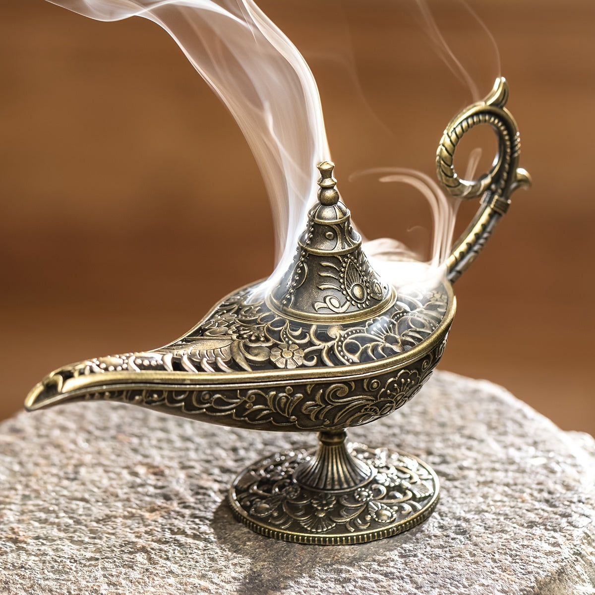 Aladdin's Magic Lamp Incense Burner: Antique metal holder for Frankincense and Tibetan Incense, with air purification for festive home fragrance on holidays.