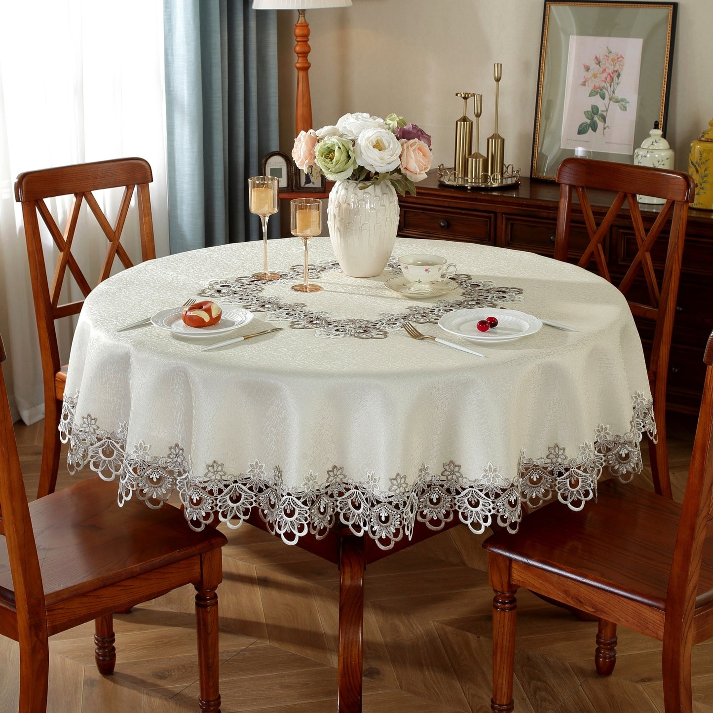 Polyester round tablecloth with lace border, ideal for various occasions in multiple sizes.