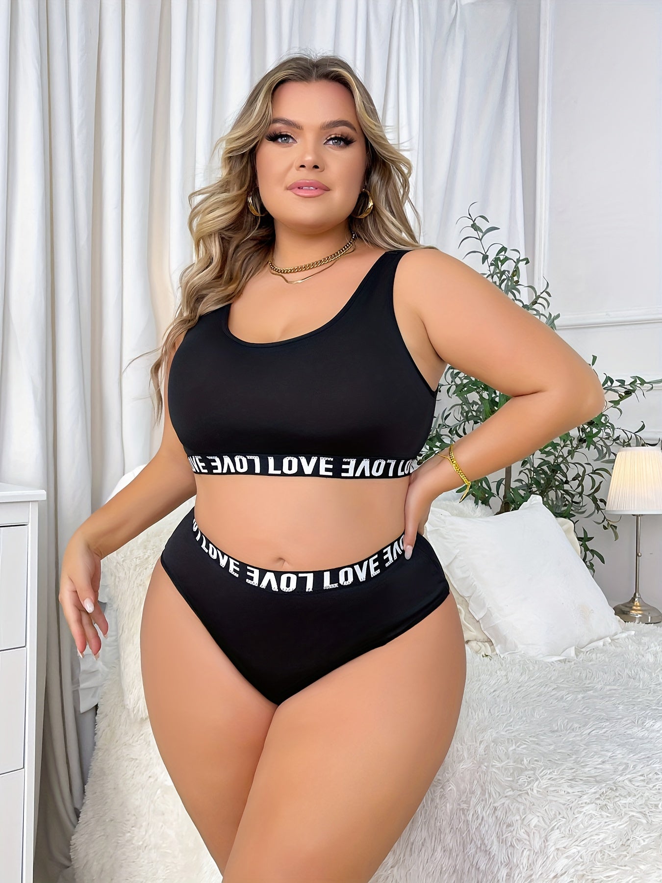 Women's plus size simple lingerie set includes a seamless bra and panty with contrast letter tape.