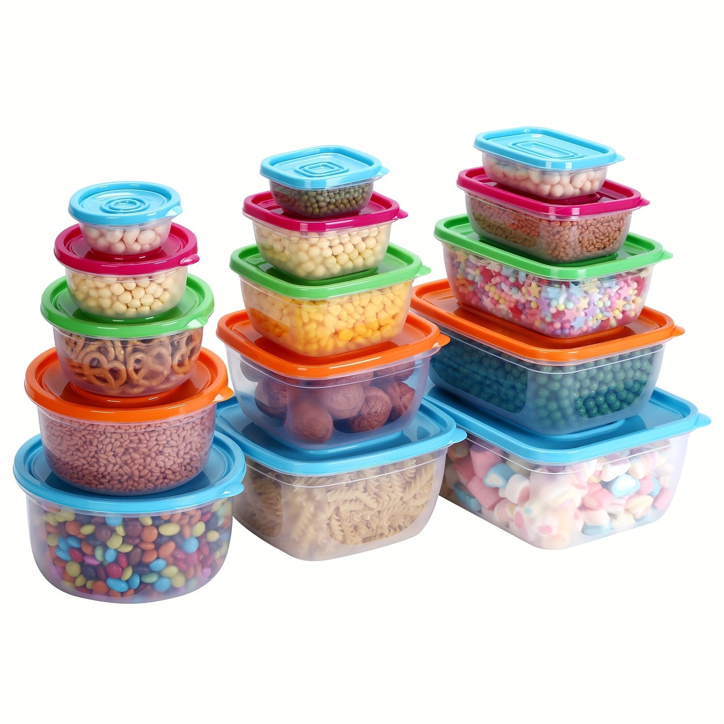 A collection of square and round plastic storage containers with airtight seals, perfect for keeping food organized in the refrigerator.