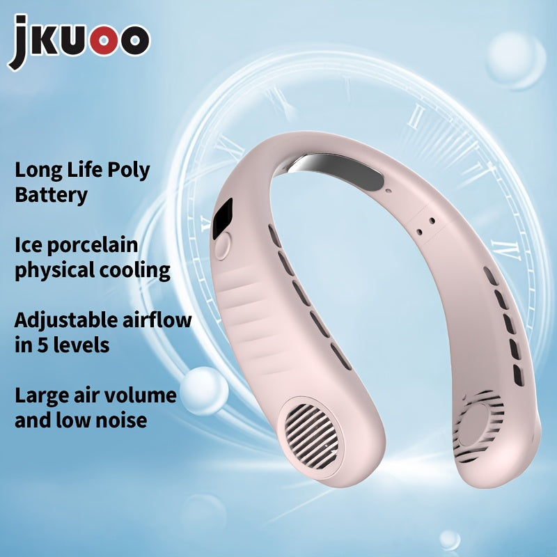 Introducing the 1pc JKUOO Portable Neck Fan with Digital Display. This USB Rechargeable Mini Personal Wearable Fan features 5-Speed settings, ensuring a quiet operation. Made of durable plastic material with a convenient cord, this fan is perfect for