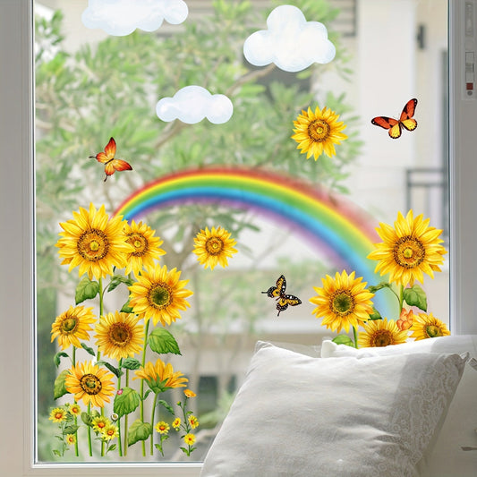 Double-Sided Vibrant Sunflower & Rainbow Butterfly Window Decal - Self-Adhesive PVC Sticker, 5mil Thick, Contemporary Design for Enhancing Home & Glass Surfaces