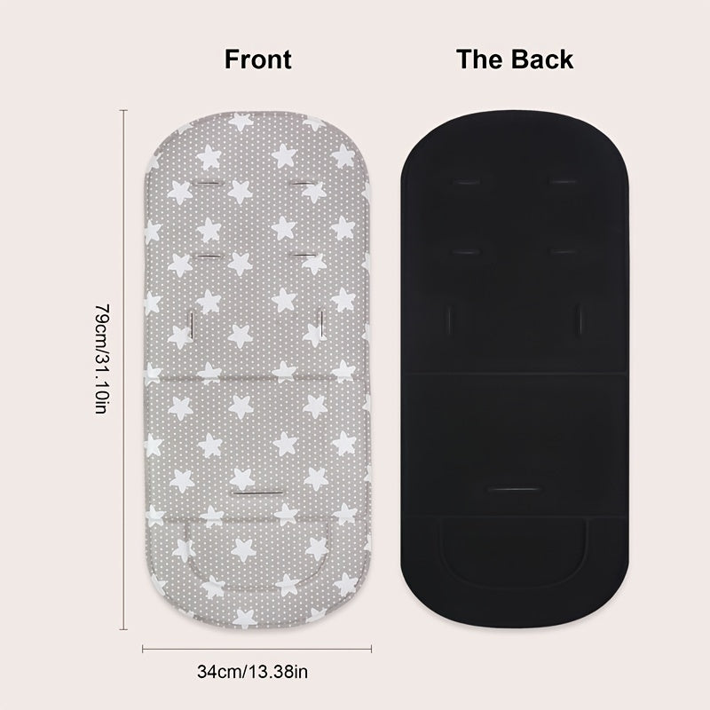 Universal fit stroller seat cushion for babies aged 0-3 years, featuring a star pattern and made of polyester fiber padding.