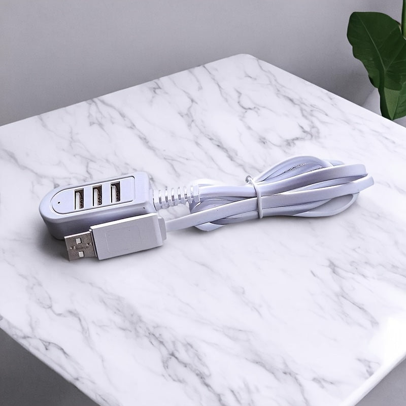 3-in-1 USB Multi-Port Adapter Cable with various functions including USB charging with data transfer, night light, card reader, fan, and other USB devices. Male to female polarity