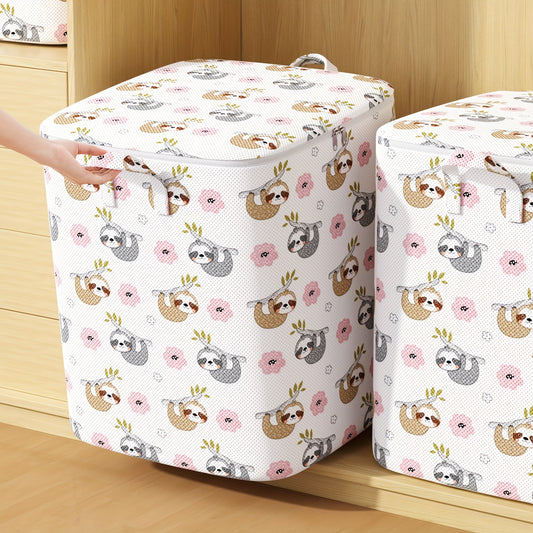 Large capacity storage bag made of non-woven material with handle, suitable for travel and can store various items like clothes, blankets, and toys.