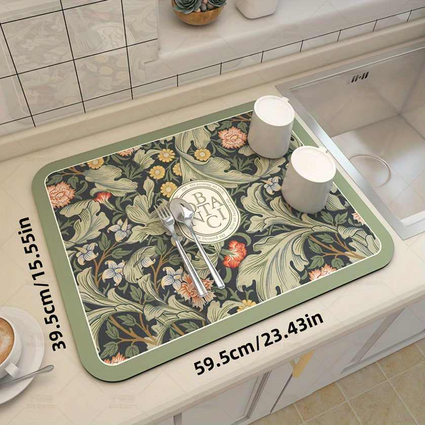 Floral Pattern Coffee Machine Mat, Multi-Functional Dish Drying Pad with Silica Gel Non-Slip Soft Pad for Kitchen and Bathroom. Easy to Clean with Polyester Cover and Silica Gel Material.