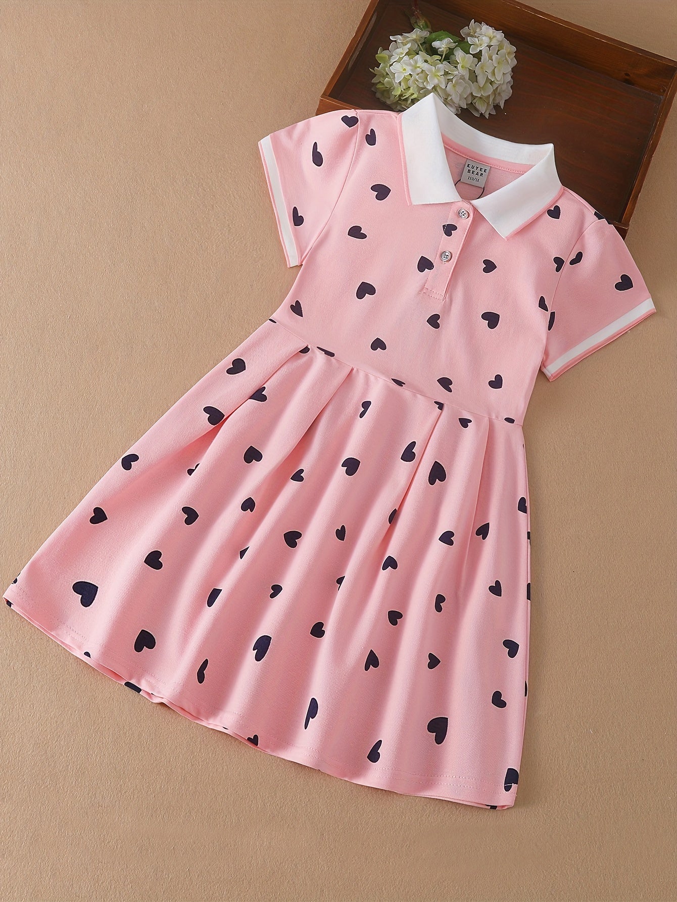 Girls' summer cotton blend dress with heart pattern, short sleeves & knee-length - perfect for performances & school events.