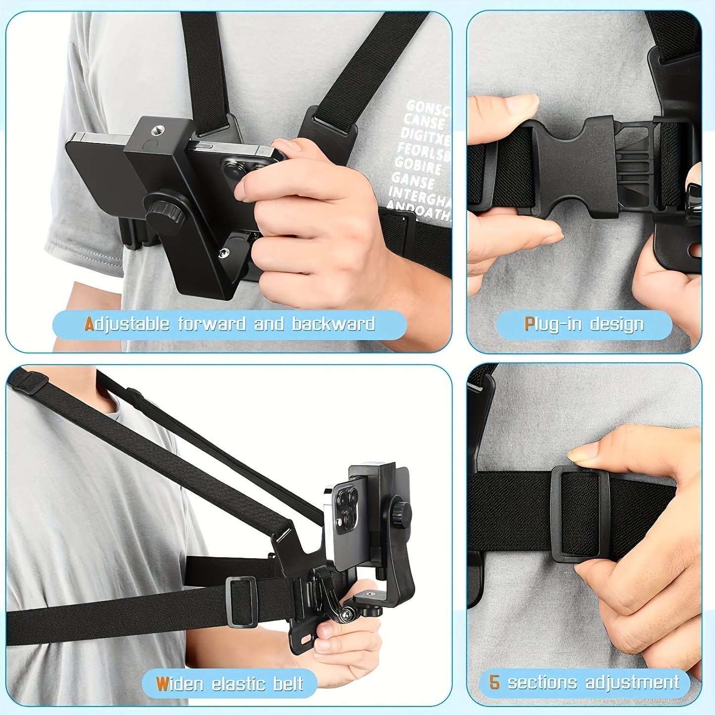 Durable polyamide chest strap with 360° rotatable phone holder for running, cycling, and video recording.