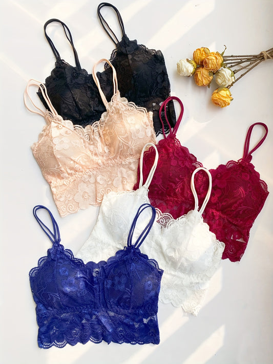 5 Floral Lace Scallop Trim Bralettes with Double Straps, Chest Pad, Lightweight & Soft - Women's Lingerie & Underwear