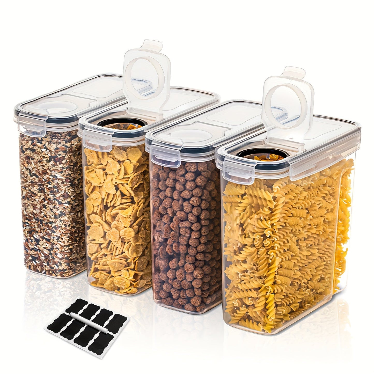 Set of 4 Cereal Storage Containers, Made of BPA Free Plastic, Airtight Seal, 2.5L/88 Oz Capacity, Ideal for Cereal, Snacks, and Sugar. Includes 4 Dispensers with Chalkboard Labels in Black.