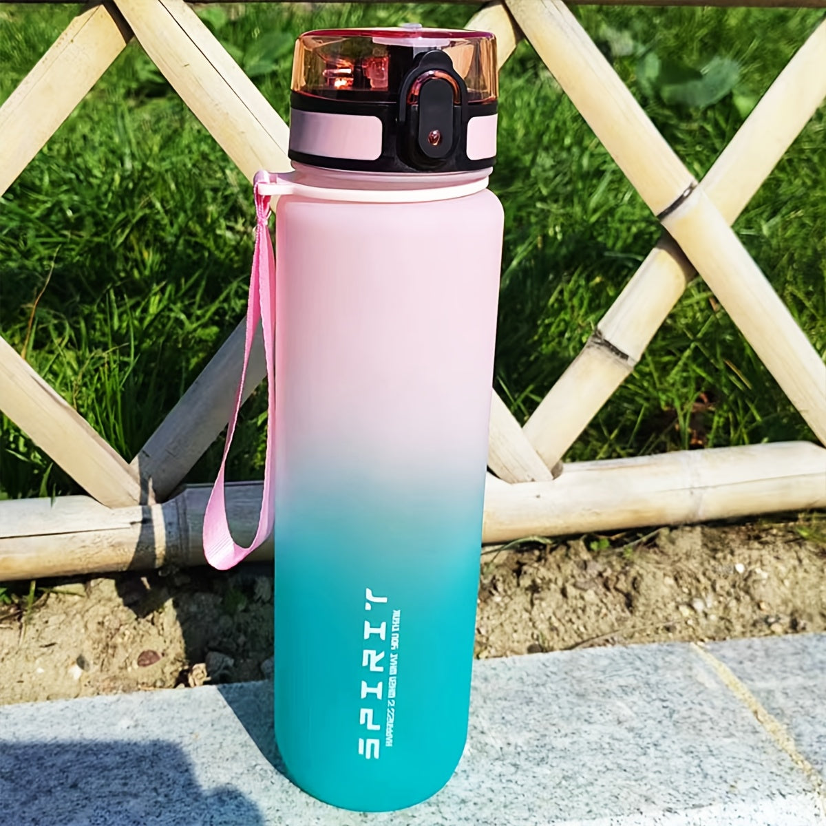 Outdoor sports water bottle with braided carrying rope and cup cover, portable, leakproof, time-volume mark, suitable for outdoor sports.