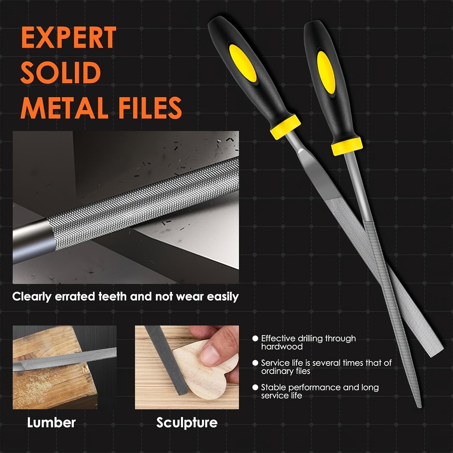 Set of 5 or 10 metal needle files made of hardened alloy steel, featuring various file shapes with durable plastic handles; no electricity or battery required.