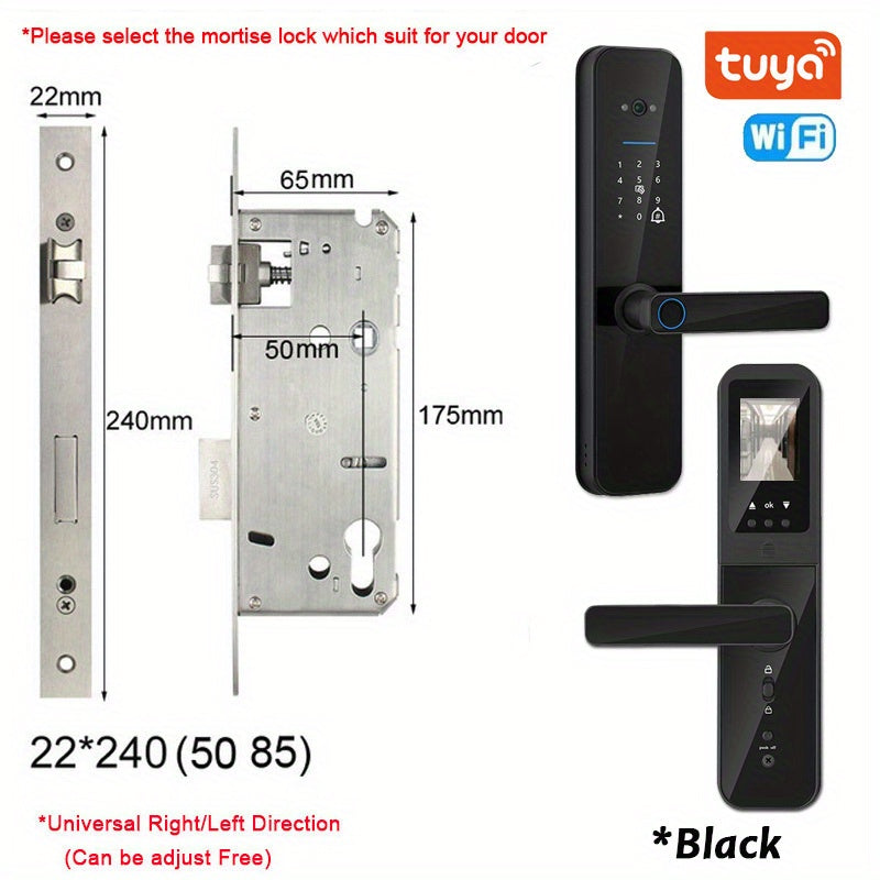 Smart door lock with biometric camera, fingerprint, smart card, password, and key unlock.