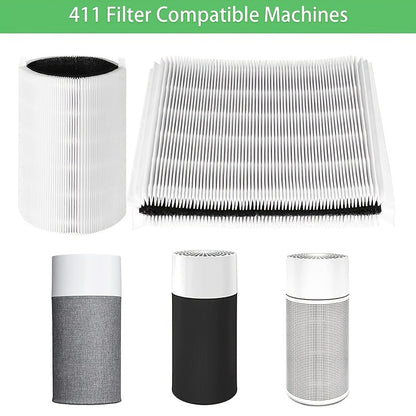 Blue Pure 411 filter replacement compatible with Blueair Blue Pure 411 air purifiers, featuring H13 true HEPA filter and activated carbon for maximum purification.