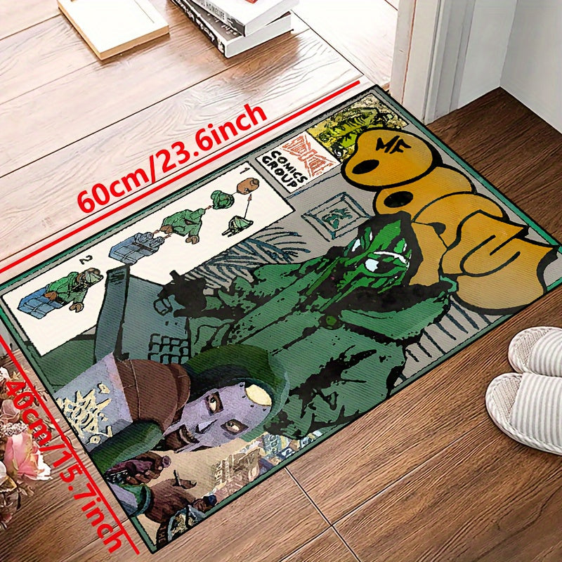 Vibrant 'Green Toy Building Blocks Comics' Non-Slip Area Mat - Available in Multiple Sizes for Living Room, Bedroom, Nursery, Entryway, and Outdoor Spaces. Made of Durable Polyester Material, Machine Washable. Perfect Addition to Your Home Decor!