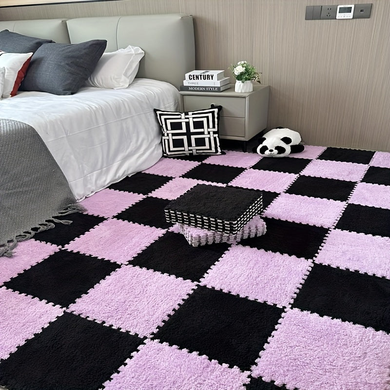 24-piece set of geometric plush area rugs made from washable polyester & EVA, perfect for indoor use in bedrooms and living rooms, pet-friendly and holiday themed.