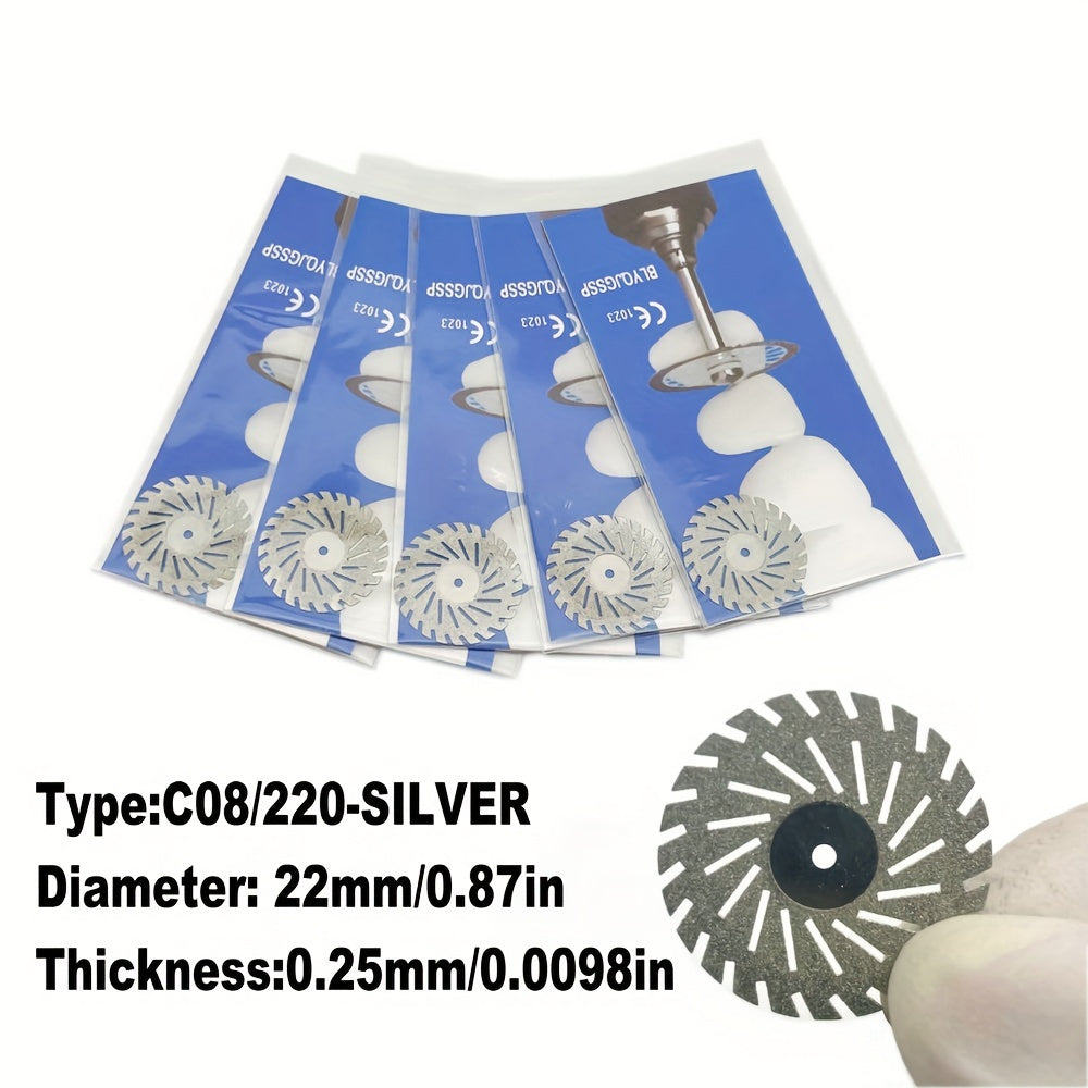 Five dual-sided diamond cutting discs for dental labs, in silver or golden, for high precision grinding and polishing.