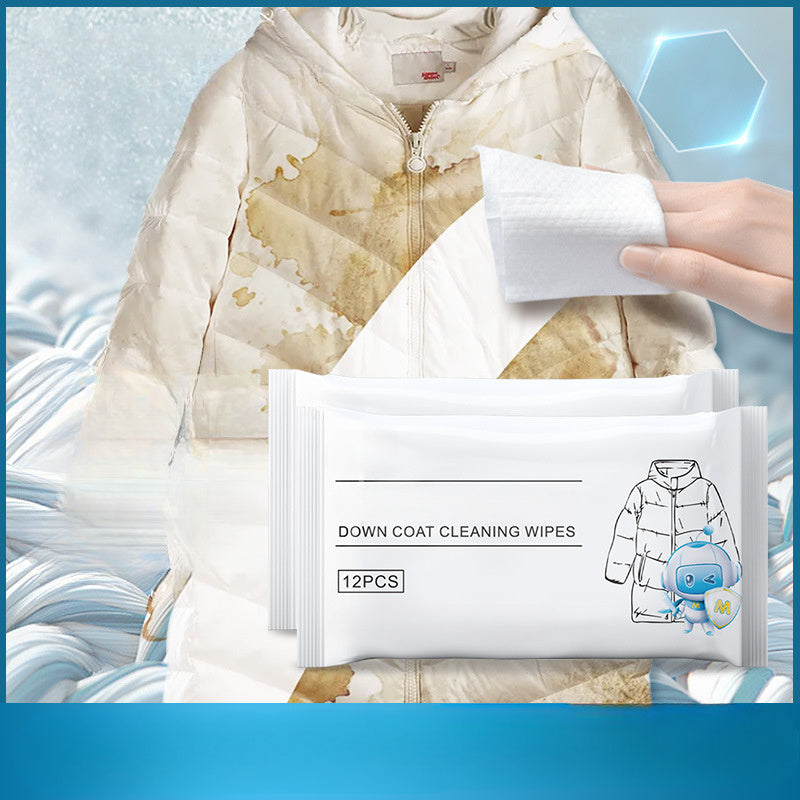 12 portable down jacket cleaning wipes - no rinse, stain remover for clothes and fabric.