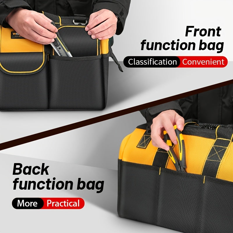 WINHUNT Electrician's Tool Bag - Durable canvas, many compartments, black & yellow, polyester, for tools, fishing gear, woodworking.