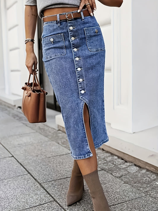 Women's washed blue denim skirt with front buttons, side slit, and casual stretch denim. Ideal for autumn casual outfits.