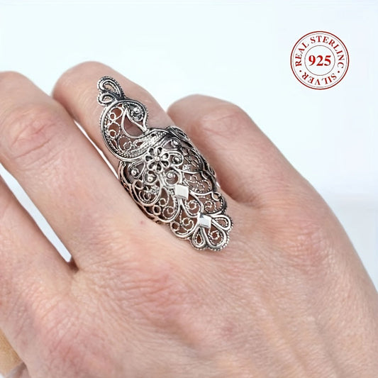 Elegant Bohemian-inspired Sterling Silver Peacock Hollow Ring, Ideal for Wedding and Anniversary Presents