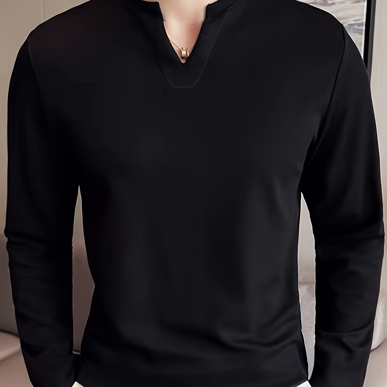 Men's Casual V-Neck Long Sleeve T-Shirt in Polyester Blend, Solid Color with Slight Stretch, Breathable Waffle Texture, Regular Fit for Spring/Fall - Adult