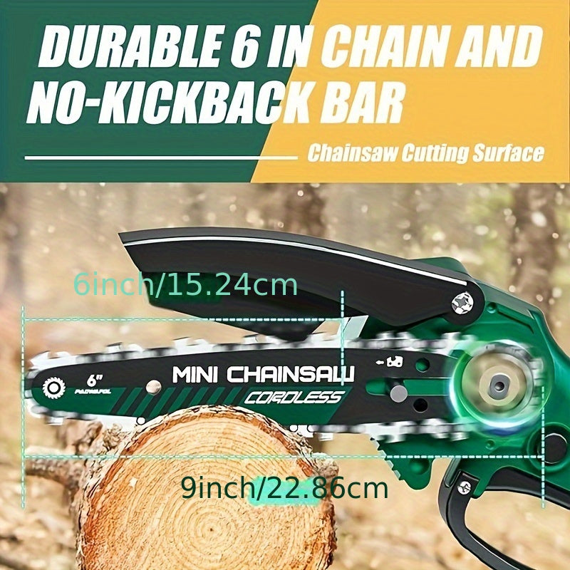 6-inch Cordless Electric Chainsaw with 2 rechargeable batteries, charger, and chainsaw batteries, ideal for cutting wood, trimming trees, and pruning garden branches.