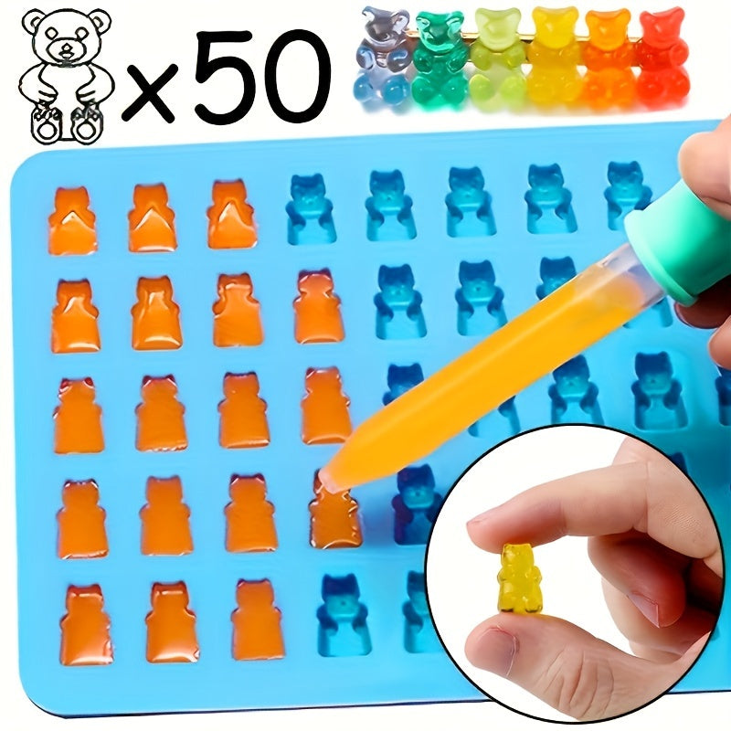 50-cavity silicone gummy bear molds for candies, chocolates, jelly, and dog treats, flexible and heat-resistant.