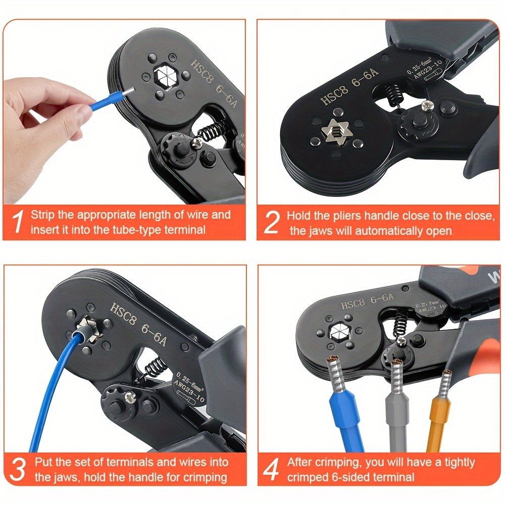 Crimping Tool Kit with HSC8 6-4A/6-6A Crimper Pliers and various wire connectors and terminals.