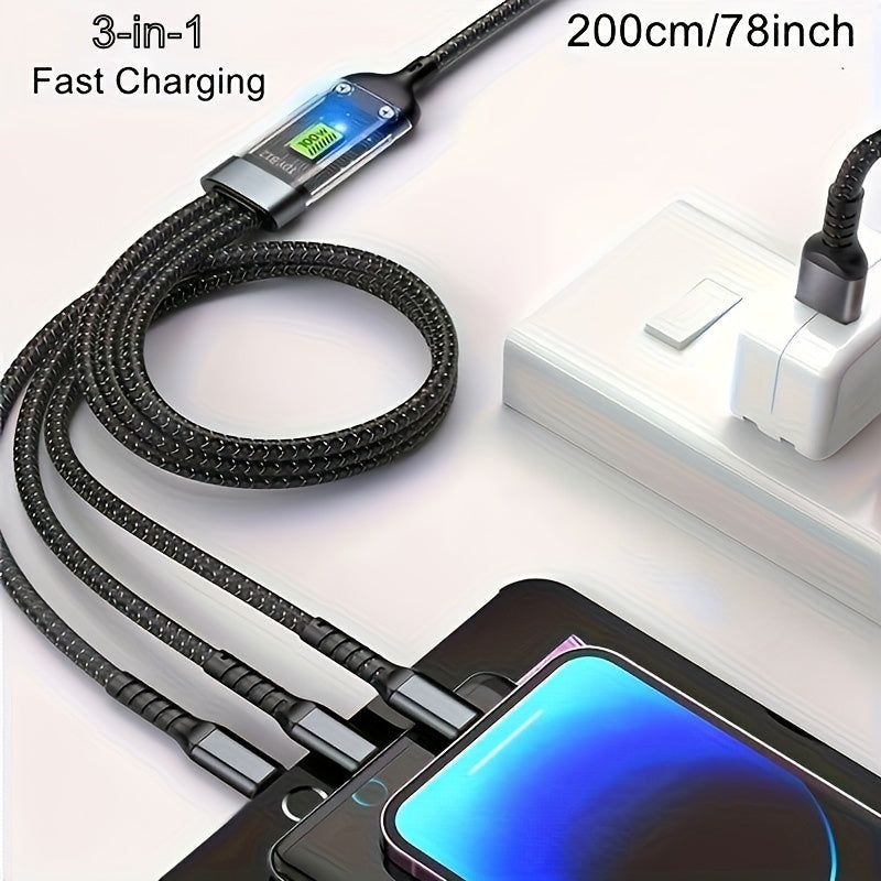 OLISHEN High-Speed 100W 3-in-1 Fast Charge Cable for iPhone, Samsung, Xiaomi - USB-C, Micro USB, Lightning Sync & Charging Cord.