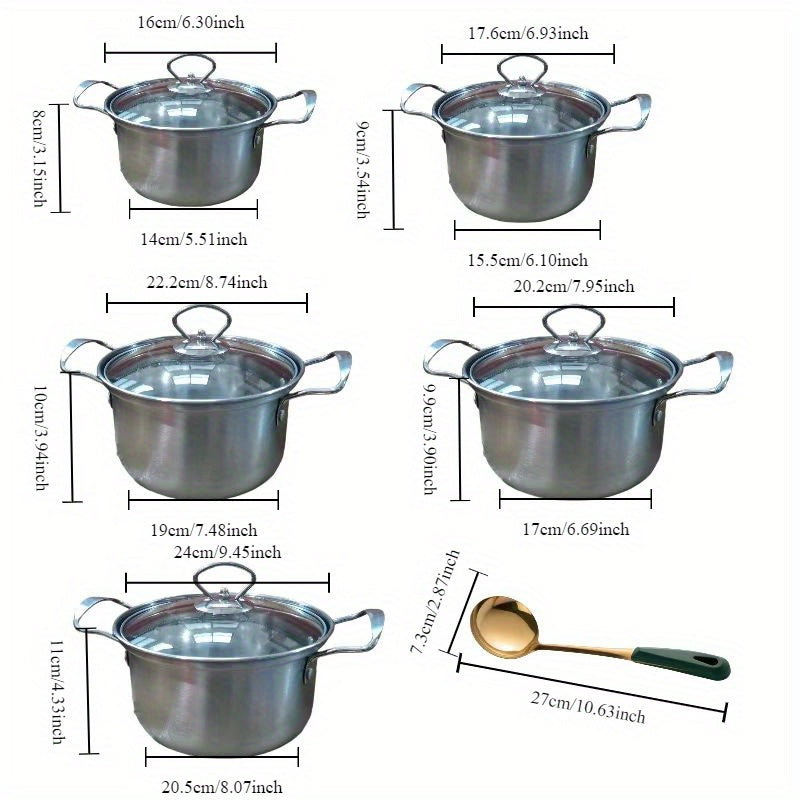 10-piece Household Stainless Steel Stockpot Set with Double Handles, High-sided Cooking Pot, and Horizontal Milk Pot