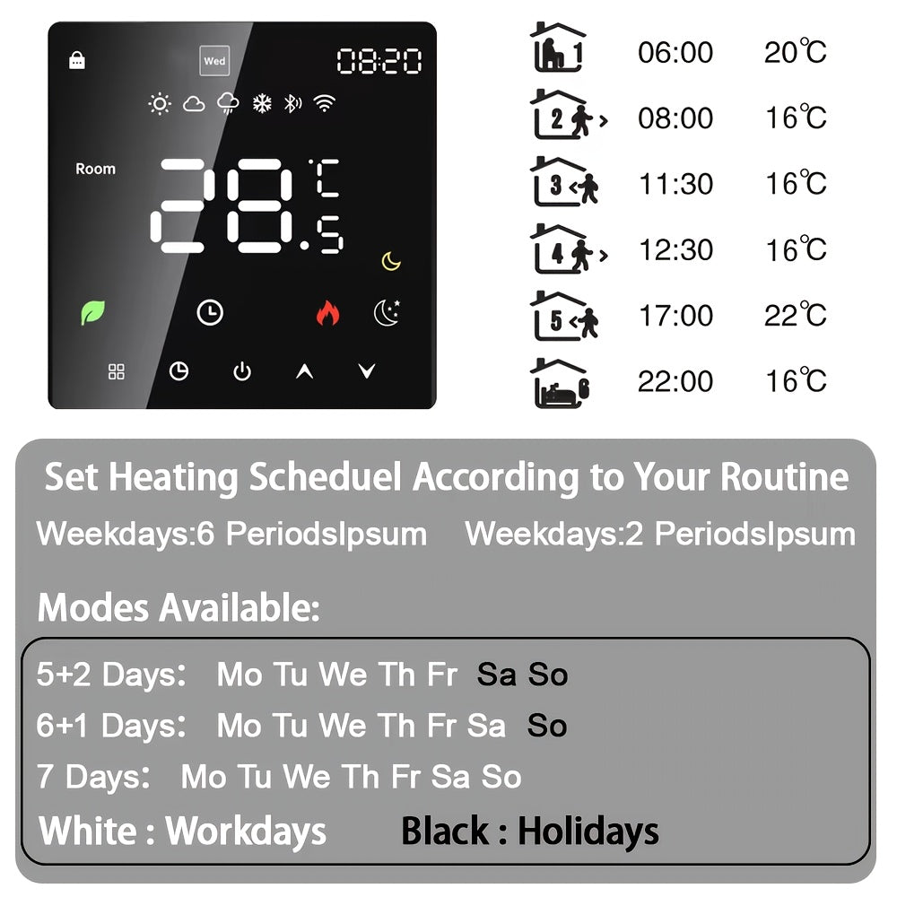 WiFi Smart Thermostat controls electric floor heating, TRV water/gas boiler - flush mount digital temperature sensor. App/Voice control through Alexa/Google Home. Hardwired 220-240V room