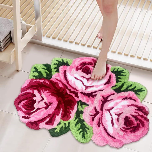 Valentine's Day Decor - Crystal Velvet Rose Flower Bath Rug with Non-Slip Backing, Made of Knit Fabric, 100% Polyester, 750gsm, 1cm Thickness, Suitable for Bathroom, Living Room, Bedroom, and Study