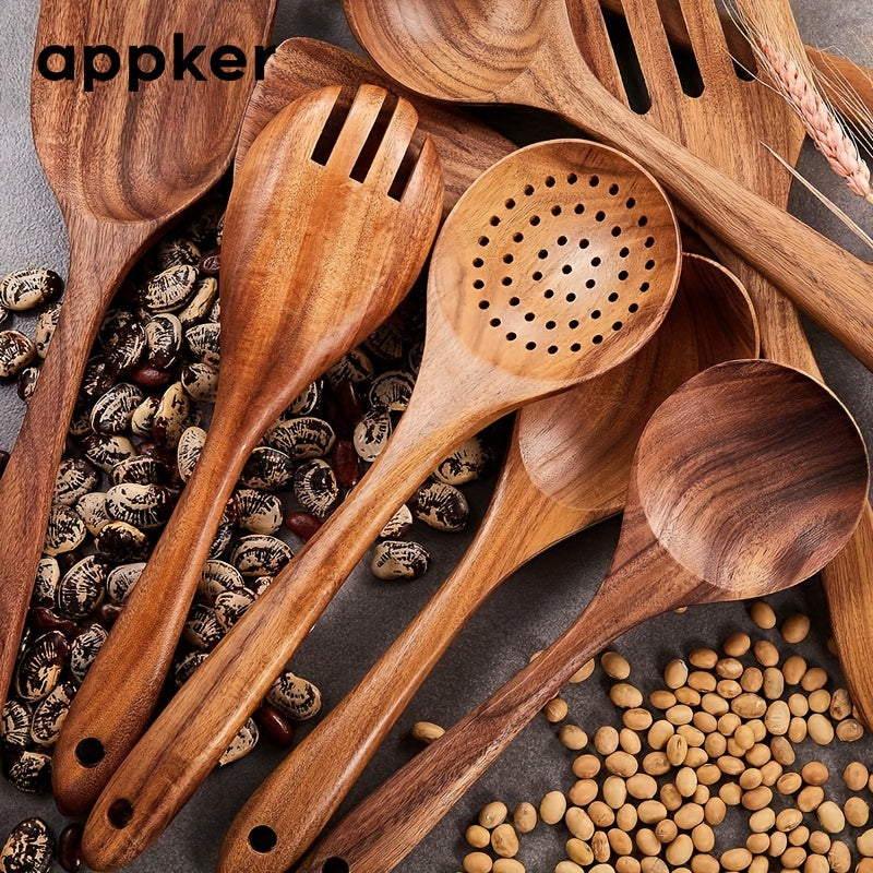 Set of 9 Acacia Wood Kitchen Utensils - Includes Cooking Spoons, Spatulas, Noodle & Fish Fryers - Made from Natural Wood, Food-Safe, Non-Stick, and Durable Cookware for All Ingredients