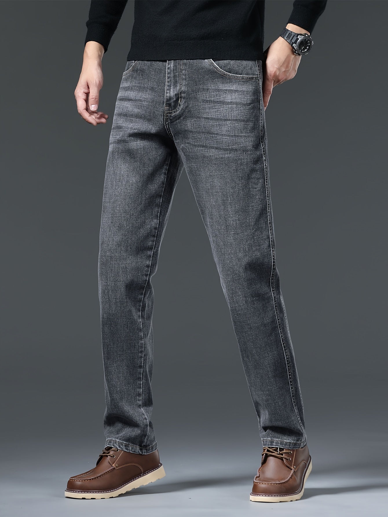 Men's solid denim pants with pockets, casual breathable cotton blend straight leg jeans for outdoor activities.