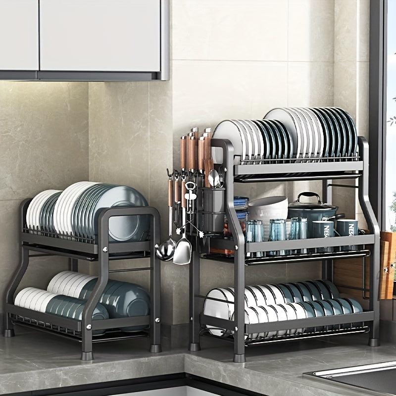 One-piece kitchen dish drying rack with cutting board and utensil holder, easy to install, large capacity, rustproof.