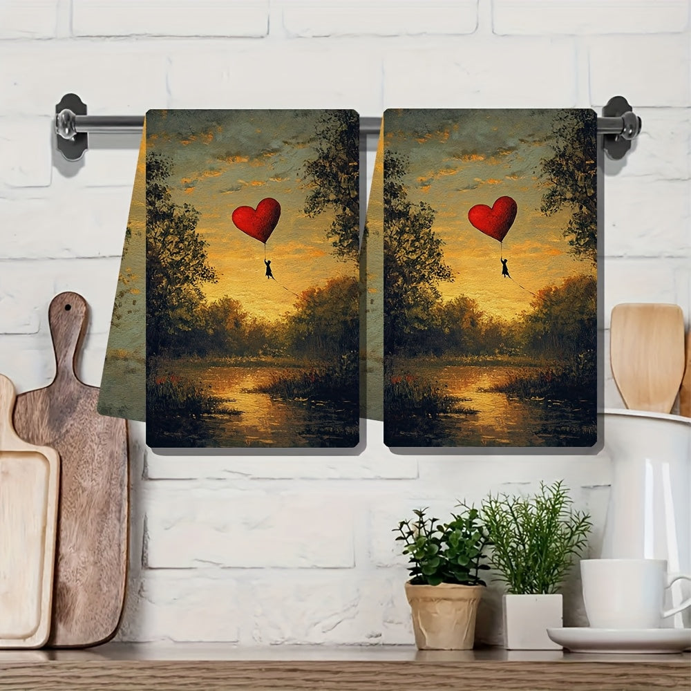 Two pieces of ultra soft kitchen towels with a heart kite flying in a park design. These highly absorbent dish hand towels are perfect for holiday decor. They are machine washable and measure 16x24 inches. - Item code: 2KYSYS1215263