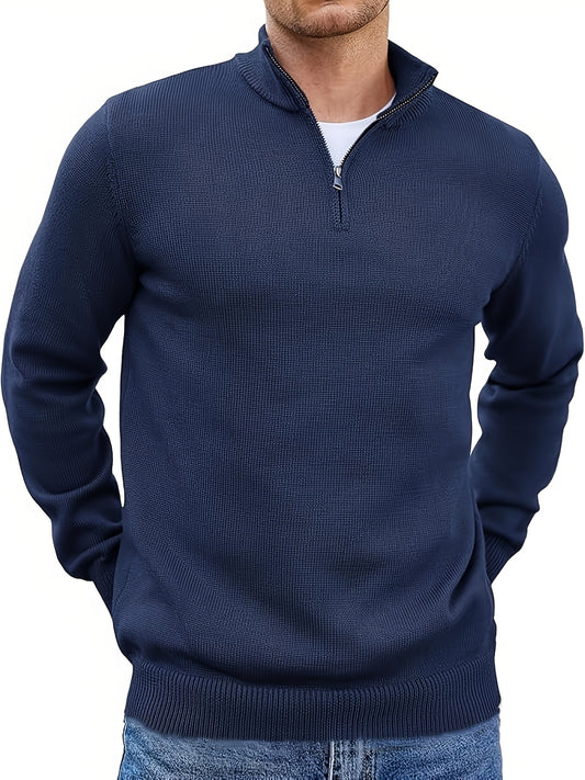 Men's Solid Knitted Pullover with Half Zipper, Casual Long Sleeve Sweater for Outdoor wear.