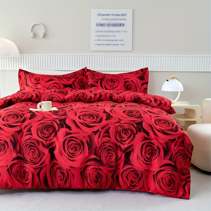 Set of 3 Duvet Covers, featuring a Romantic Red Rose Print, suitable for all seasons. This Soft, Comfortable and Breathable Bedding Set is perfect for the Bedroom or Guest Room. Includes 1 Duvet Cover and 2 Pillowcases, Core not included.