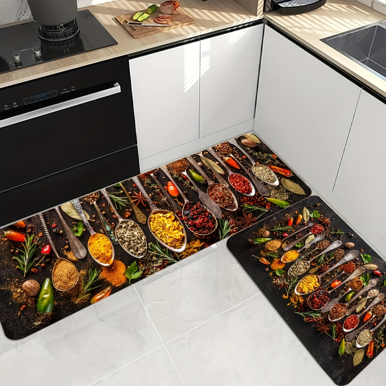 1 piece of Spices and Cutlery Patterned Mat for the Kitchen - Non-slip Kitchen Floor Rug, Home Decor and Room Decoration