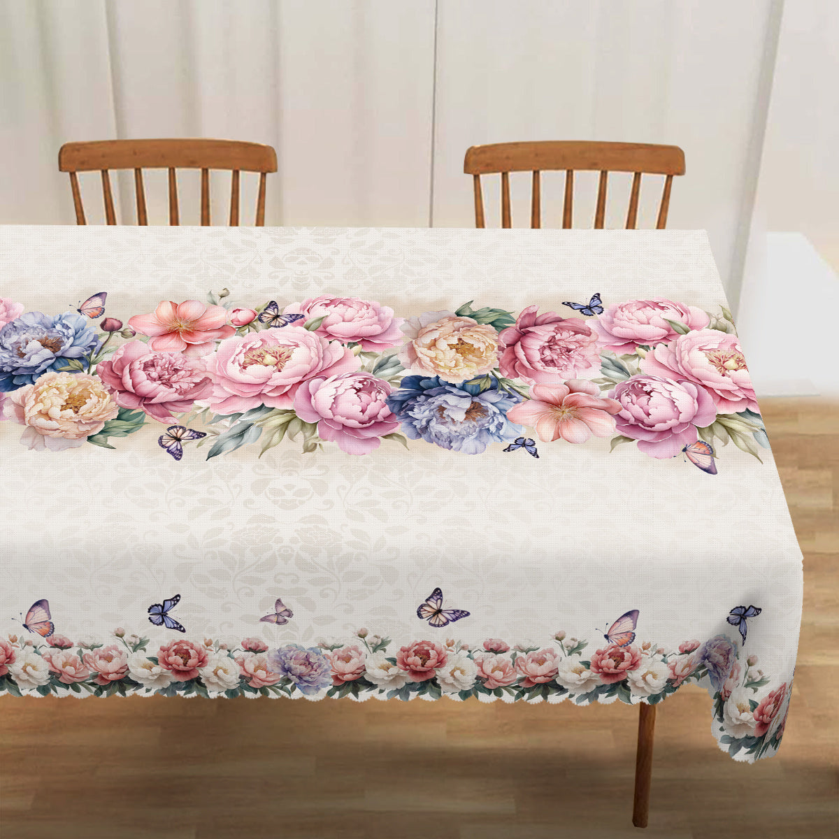 Rectangular polyester tablecloth with spring floral peony and butterfly rose design, machine-woven for indoor/outdoor parties and home decor. Perfect Easter spring decor gift.