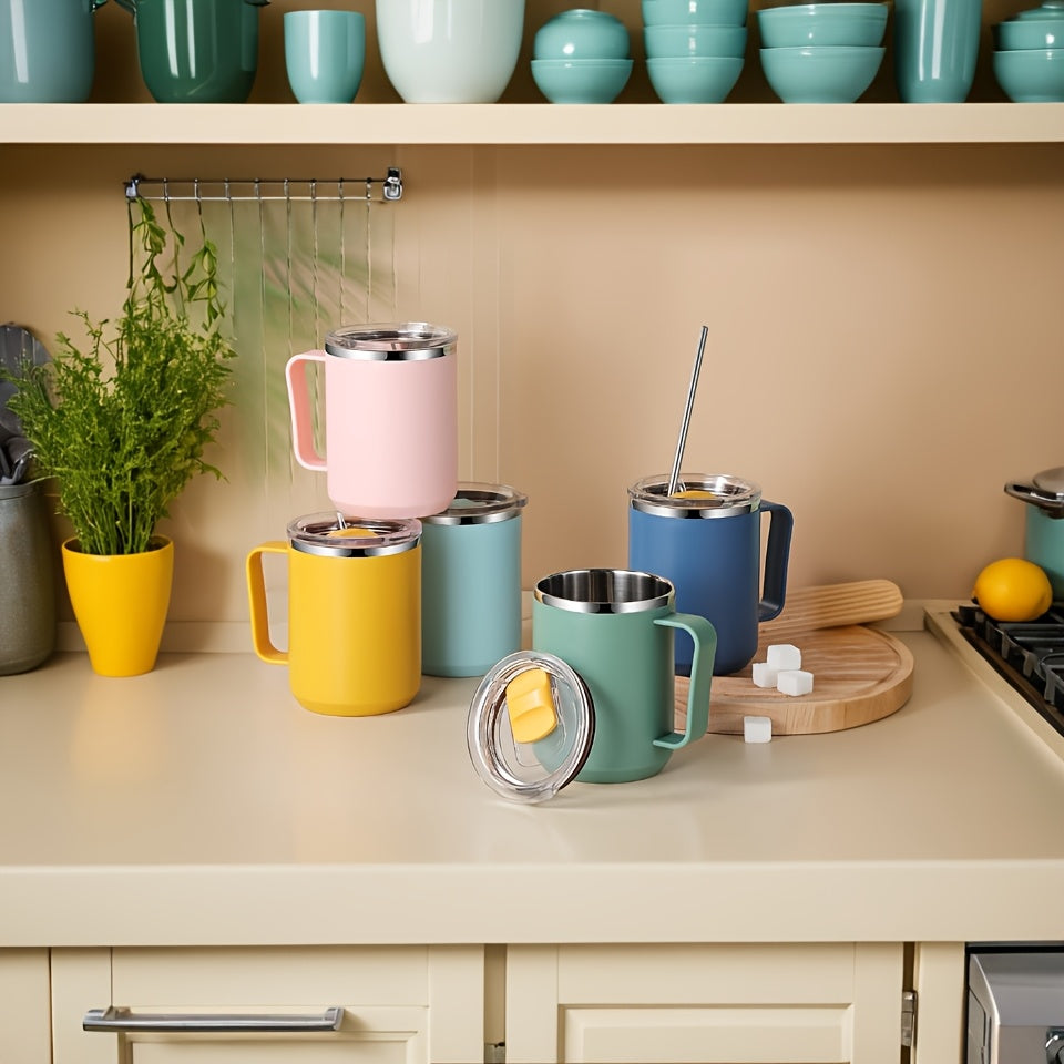 Colorful insulated coffee mugs with handles, lids, and double-wall vacuum design - perfect for office, outdoor, and school use.