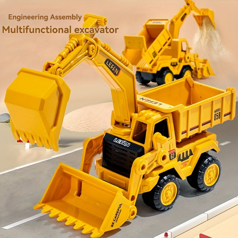 A versatile construction playset featuring an excavator, pusher, and tipper - perfect for young ones. Made from durable plastic and produced in China, this makes an ideal gift.